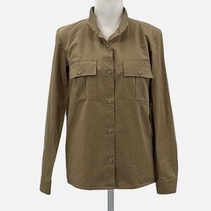 Monica Nera Long Sleeve Mandarin Collar Button Front Shirt in Tan - Size Medium